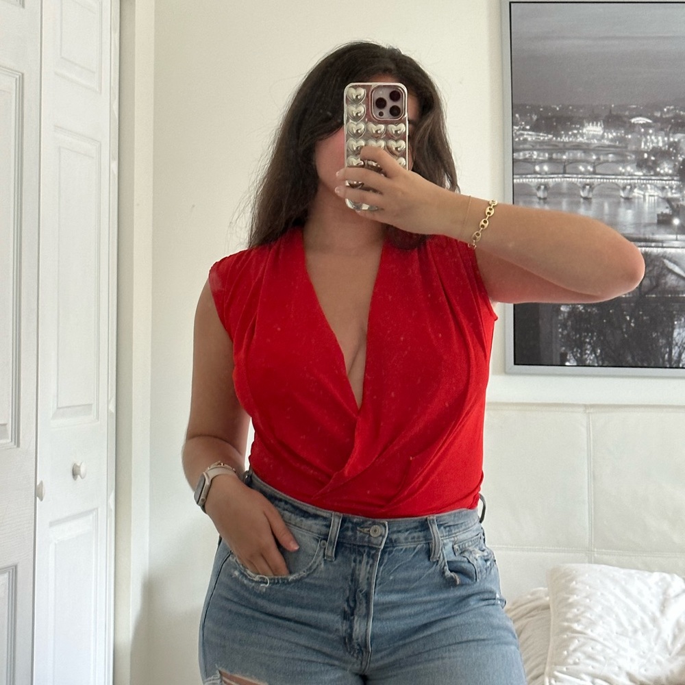 Zara Red Deep V Neck Bodysuit